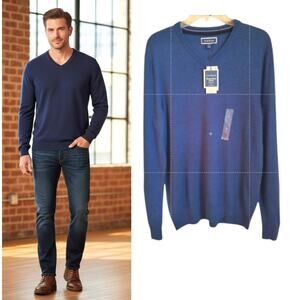 Club Room Merino Wool Blend Sweater Men's Sz S Blue V Neck Long Sleeve Pullover